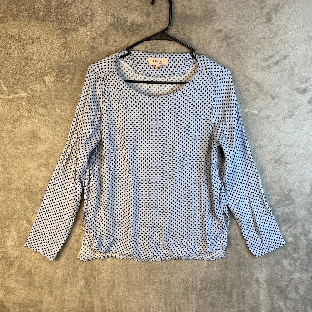 Philosophy Blouse Womens L Polka Dot Blue Black Long Sleeve Rayon EUC